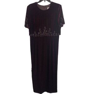 R&M Richards 12/P Wine Velvet Beaded Evening Maxi Dress By Karen Kwong